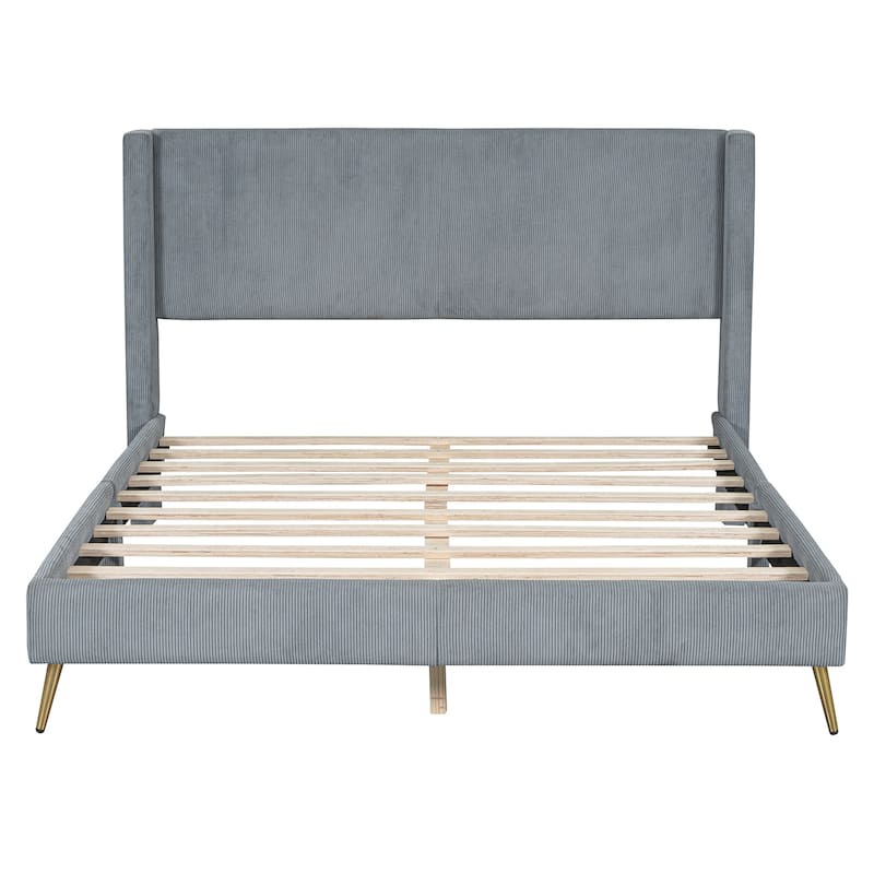 Queen Size Corduroy Platform Bed with Metal Legs and Wood Frame