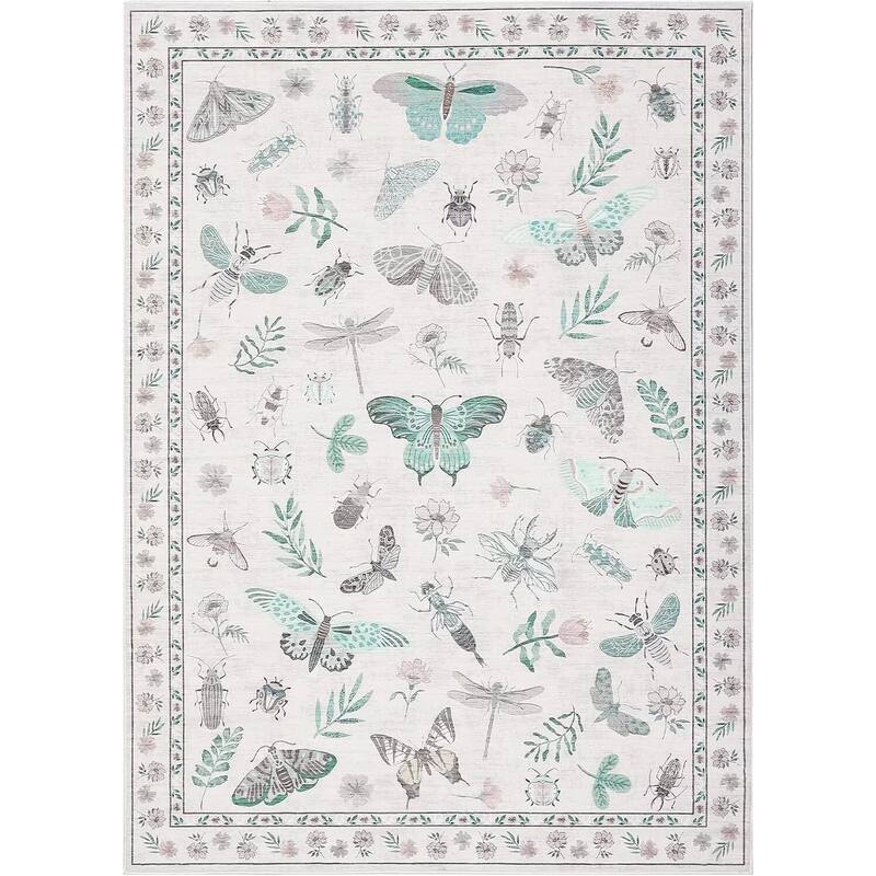 Floral Insect Print Washable Area Rugs for Living Room, Modern Non Slip Low Pile Area Rug