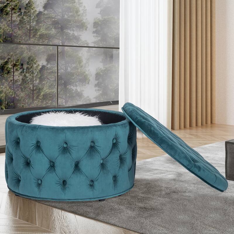 Adeco Round Storage Ottoman Button Tufted Footrest Stool Bench