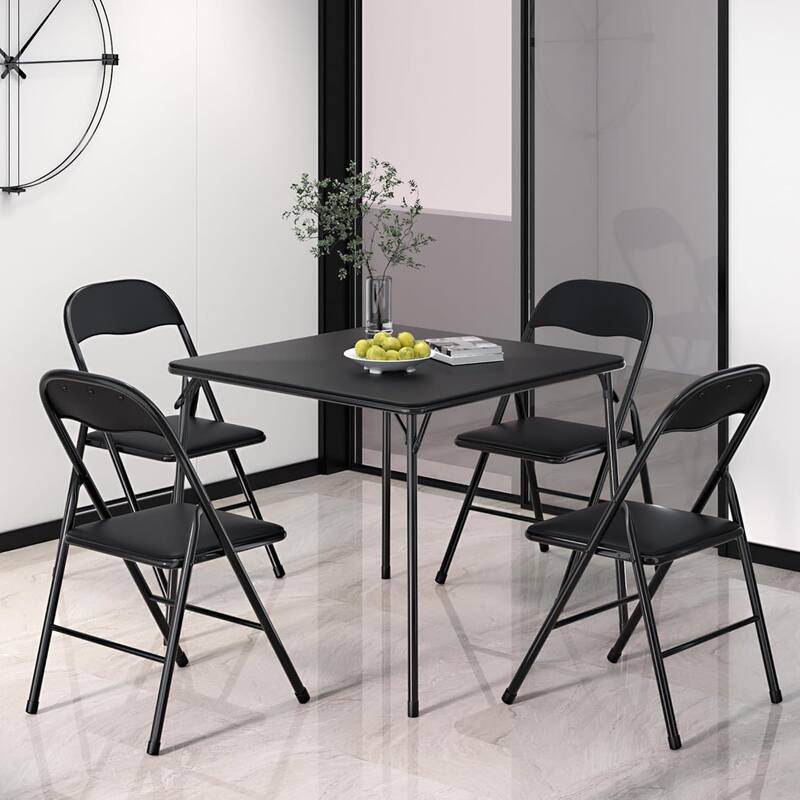 Javlergo Black PU Leather 5-Piece Folding Table and Chairs Set – Portable Card Game Table for Indoor Outdoor Use No Assembly