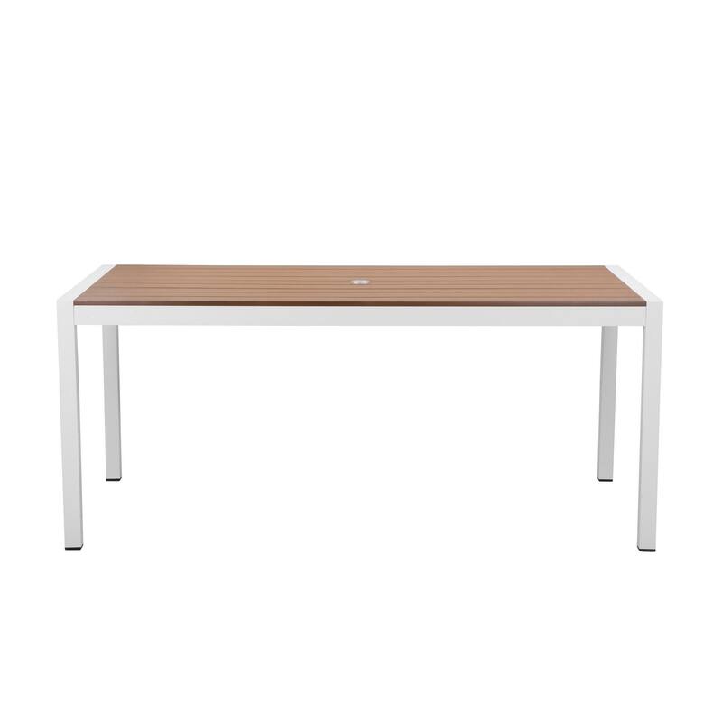 Fifi 71 Inch Outdoor Dining Table, Brown Polyresin Top, White Metal Frame - White - Aluminum