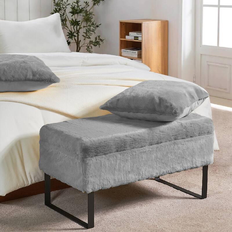 Heavy FauxFur Storage Ottoman with 2 Pillow Set