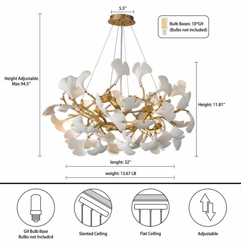 KAYLA Modern Gold Tree Branch Ginkgo Leaf Chandelier - 55" Rectangle Ceramic & Aluminum Design