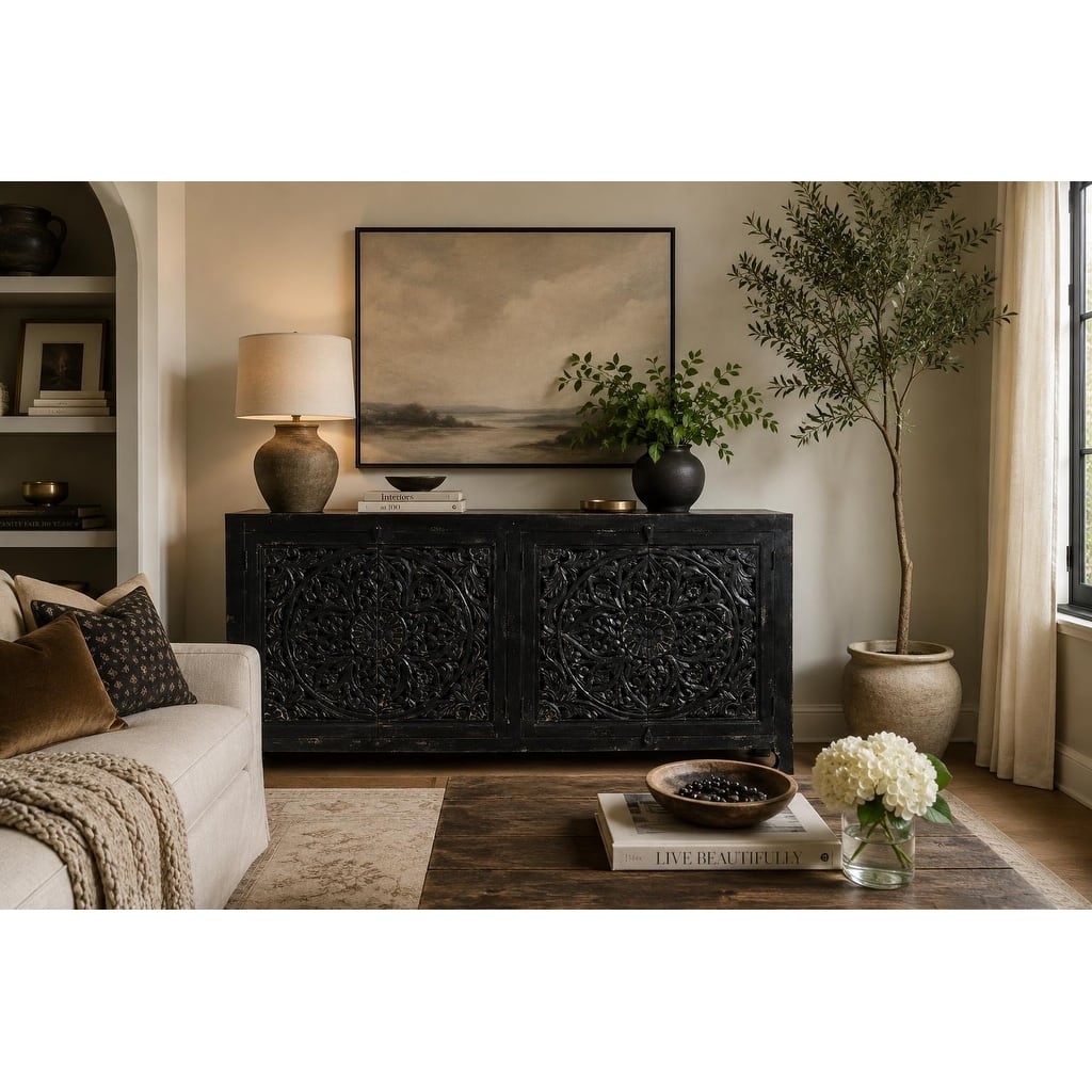 Hawk Black Hand carved 4 Door Sideboard Cabinet