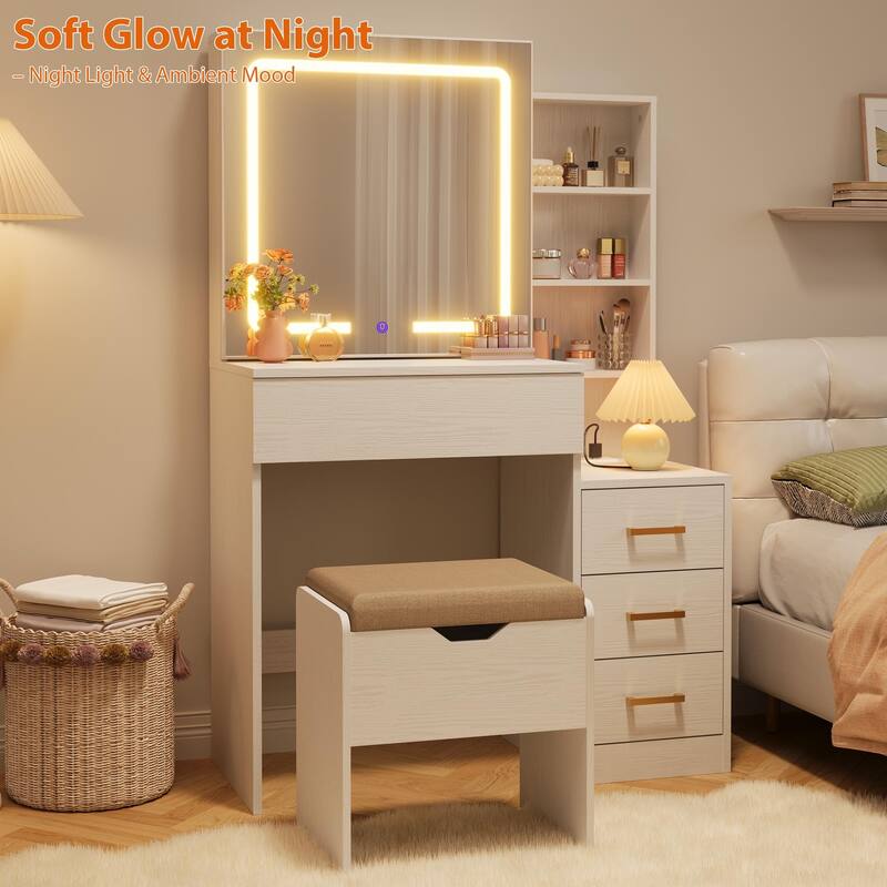 Modern Makeup Vanity with Sliding Mirror, 4 Drawers & 7 Shelves, 3 Light Colors, Charging Port & Stool Set