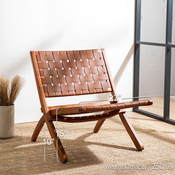 Mid-century Wood Woven Accent Chair Cognac Leather Woven