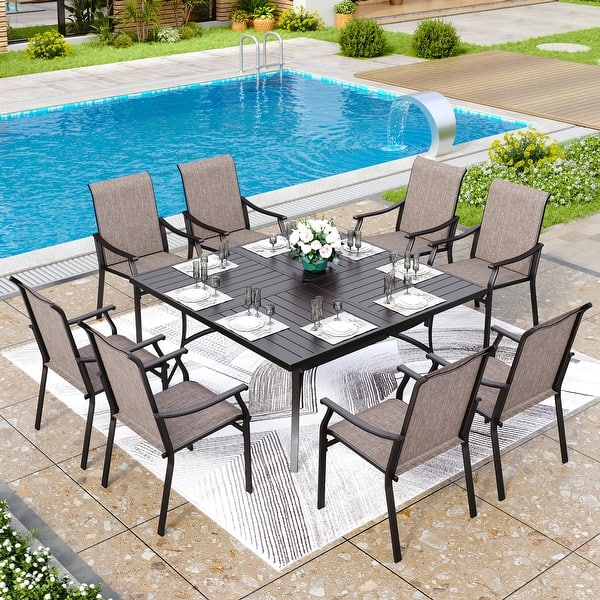 slide 2 of 32, MAISON ARTS 9-Piece Patio Dining Set, 60 Inch Square Metal Table and 8 Textilene Fabric Padded Armchairs