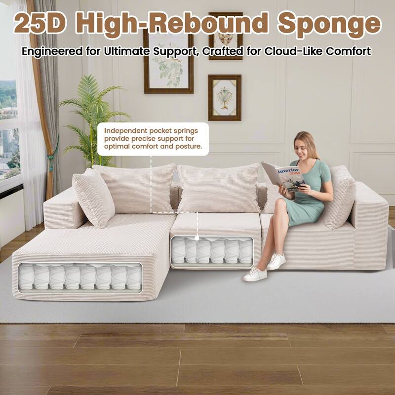 Modular Sectional Sofa, L-Shaped Boneless Couch with Deep Seat, Corduroy Cloud Couch, No Assembly Required