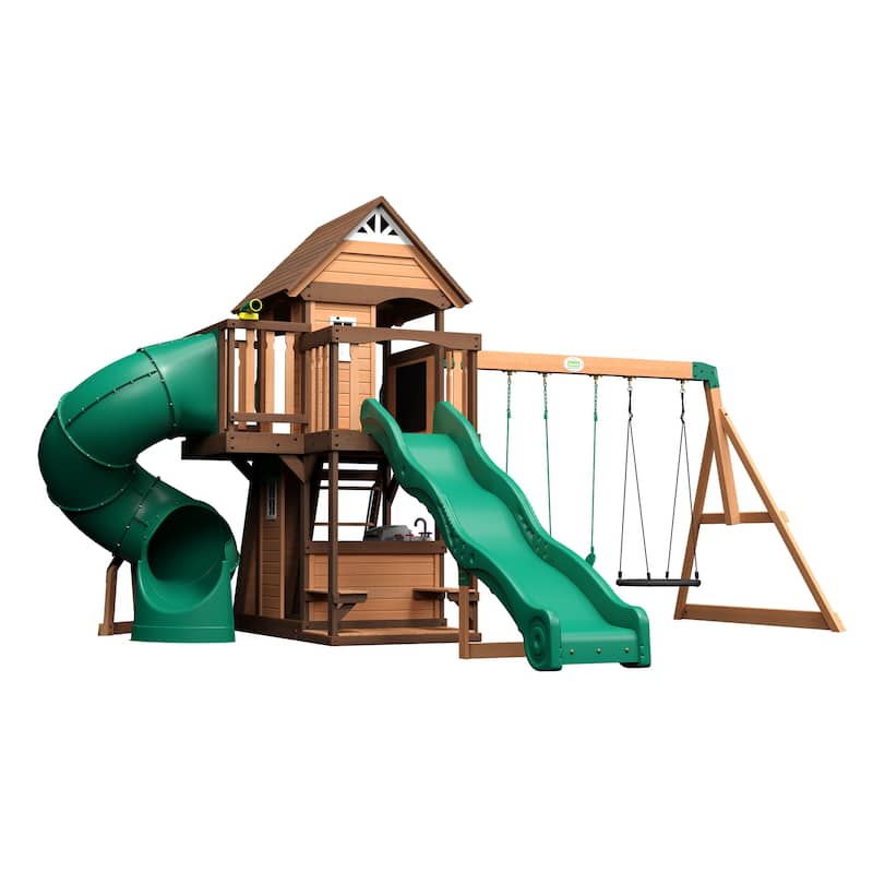 Backyard Discovery Cedar Cove Cedar Wood Swing Set, Slides, Clubhouse - 18'4" x 15'3"