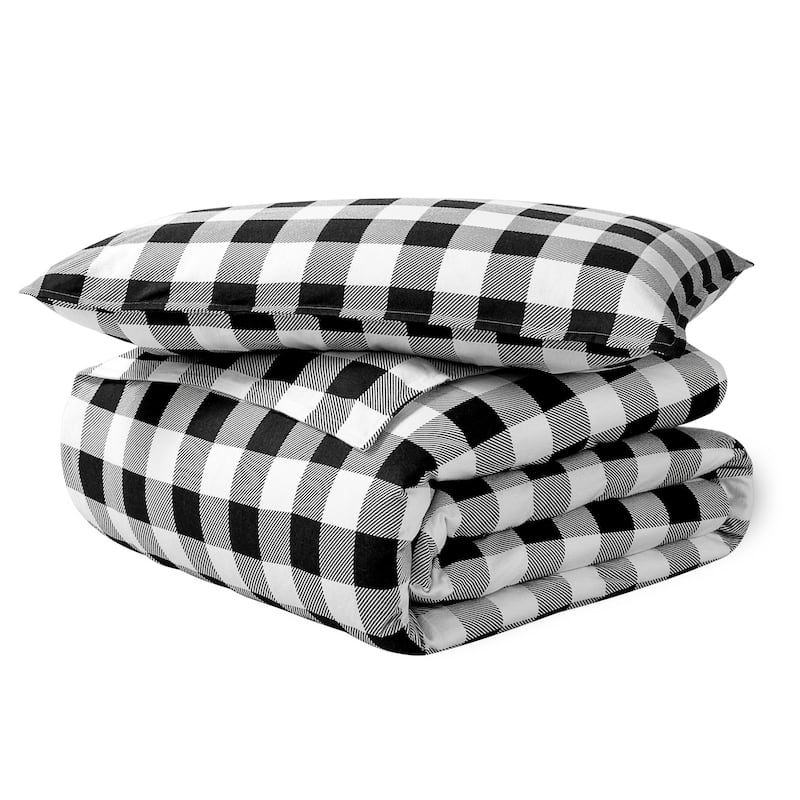 Bare Home Cotton Flannel Duvet Cover and Sham Set - Buffalo Plaid - White/Black - Twin