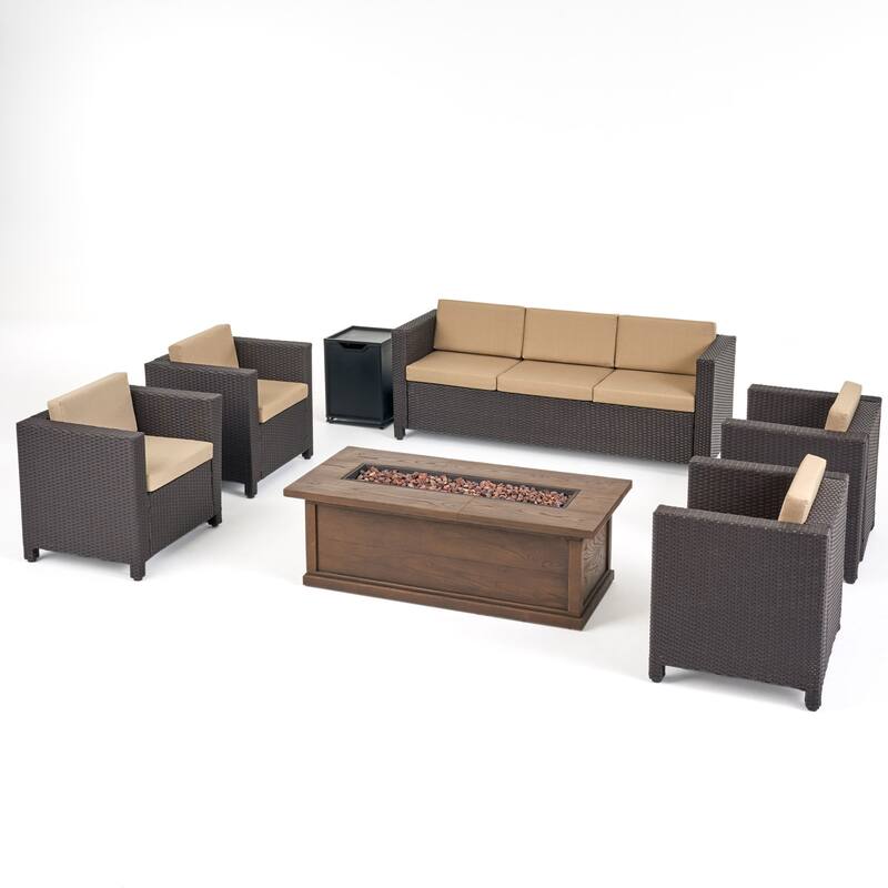 Gastman Outdoor 7 Seater Wicker Chat Set with Fire Pit by Christopher Knight Home