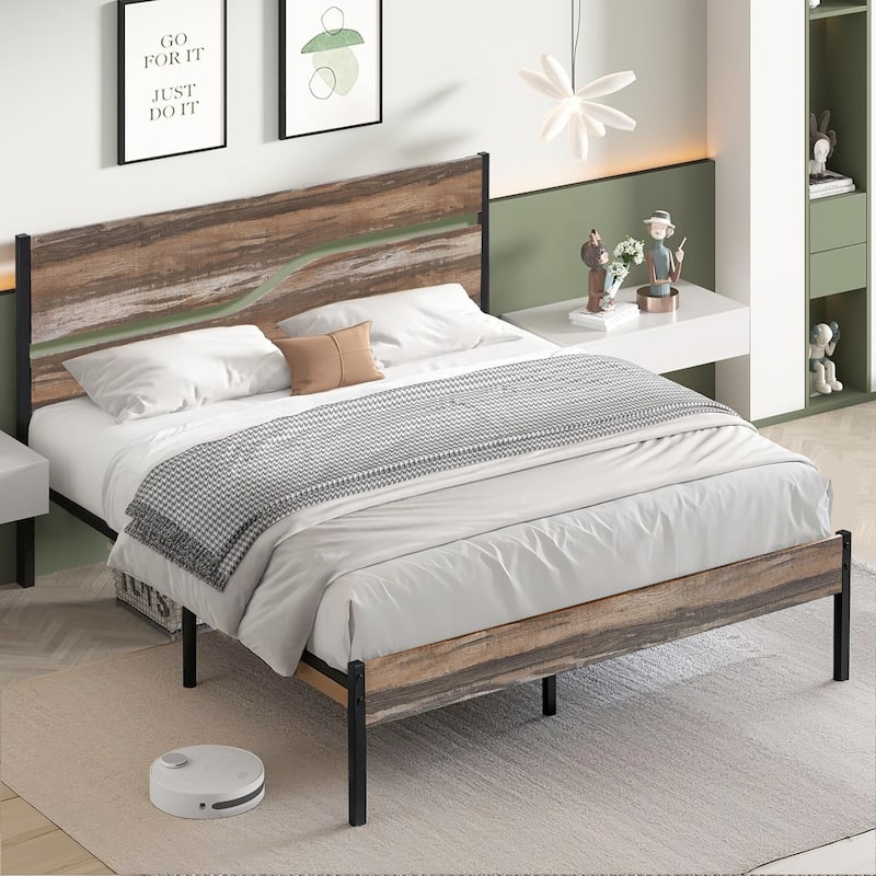 VECELO Beds Industrial Platform Bed Frame with Wood Headboard,Easy Set up