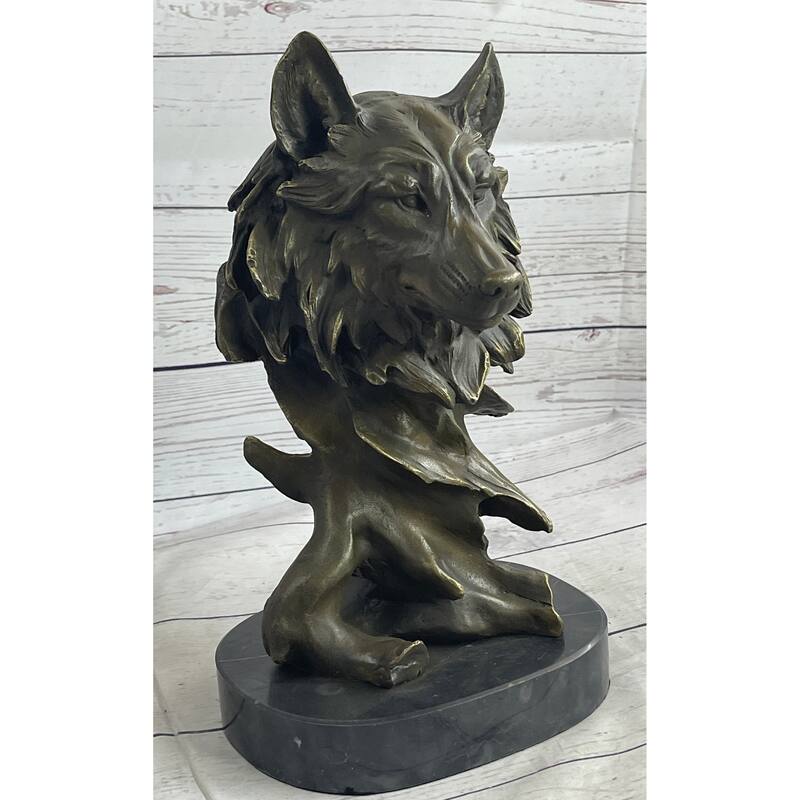 Abstract Bronze Imitative Wolf Head Bust Statue Sculpture Signed Original Collectible 12 Inches X 7 Inches