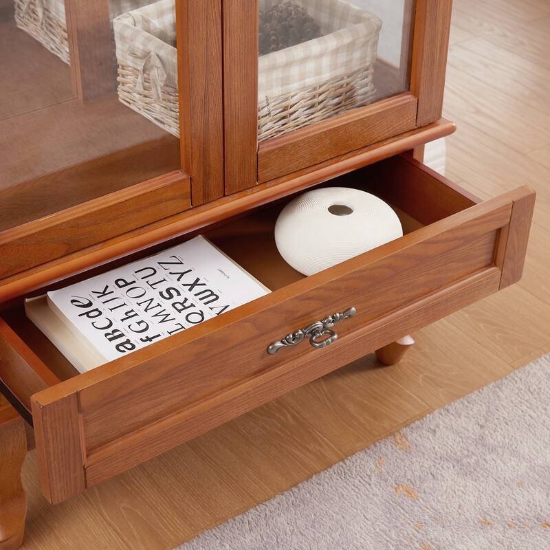 Vintage Display Case with Adjustable Glass Shelves and Lighting System for Living Room, Kitchen
