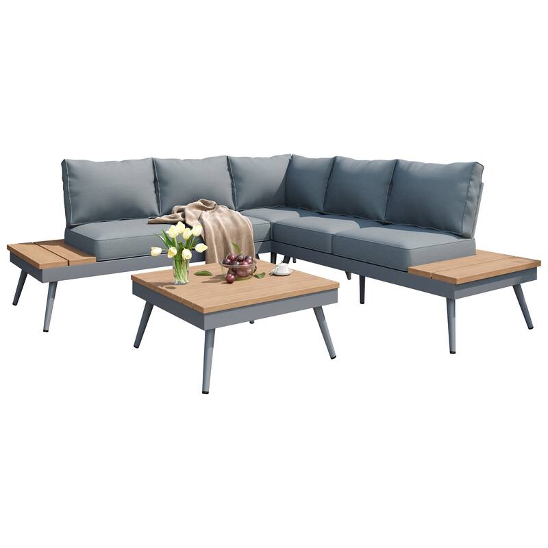 Roomfitters 4-Piece Outdoor Aluminum Patio Sofa Set with V-Shaped Sectional and Coffee Table, Gray