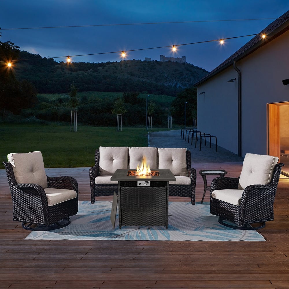 Gymojoy Outdoor Wicker 3-Seat Sofa with Fire Pit Table Swivel Chiar Table