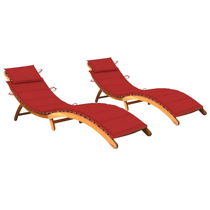 vidaXL Sun Loungers 2 pcs with Cushions Solid Acacia Wood - 72.4" x 21.7" x 25.2" - Red