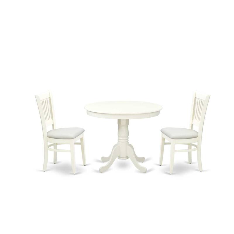 Modern 3Pc Dining Set - Round Table & 2 Chairs - Linen Fabric Seat - White Finish