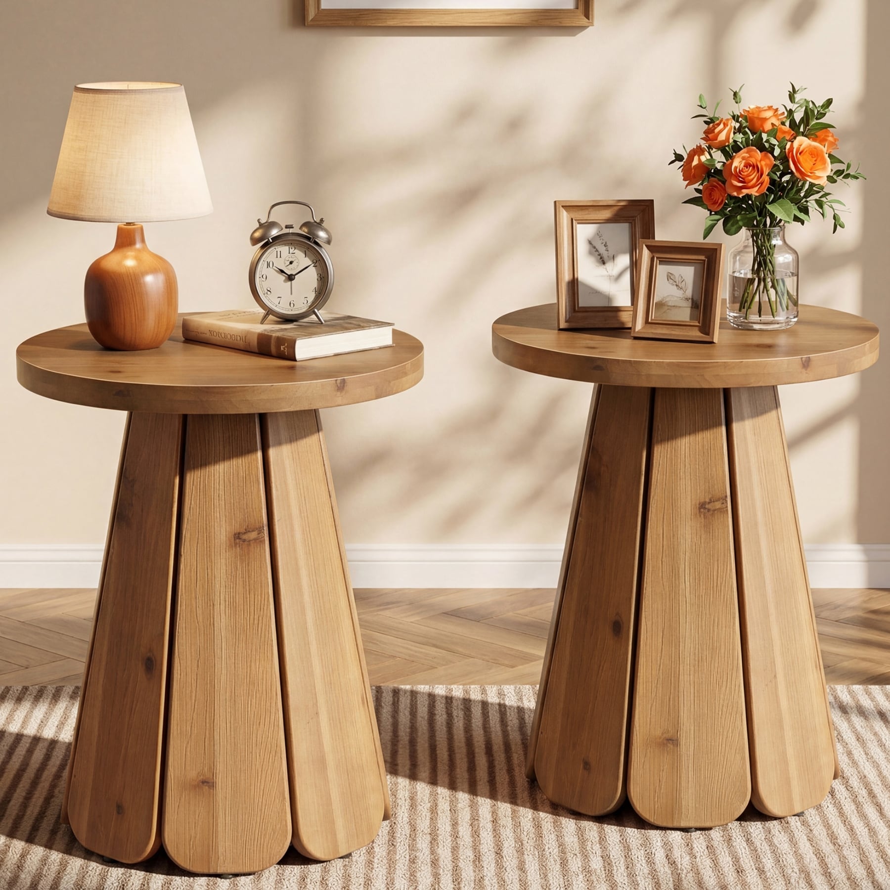 Solid Wood Round End Table for Living Room, Nightstand for Bedroom, Farmhouse Style
