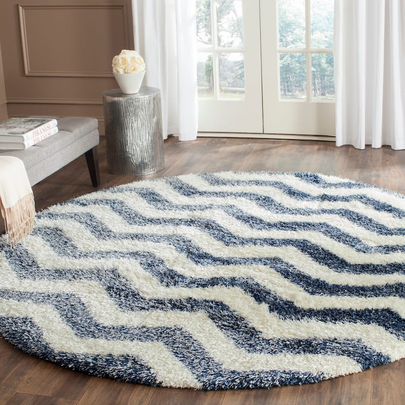 SAFAVIEH Montreal Shag Romaine 2-inch Thick Rug - 6'7" Round - Ivory/Blue