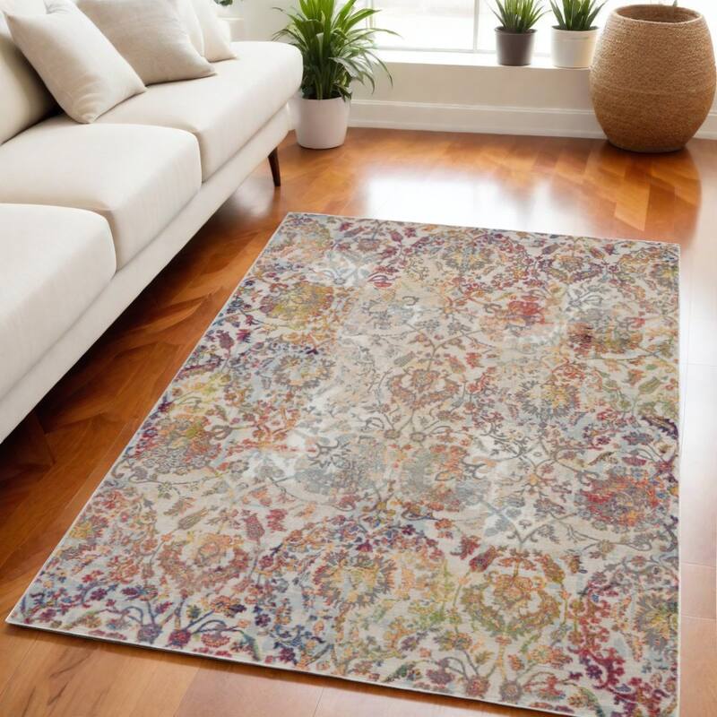 Jagu Power Loomed Distressed Floral Traditional Non Skid Area Rug By HomeRoots - 90' X '63' X '0.5 - 90' X '63' X '0.5 - Orange - Rectangle