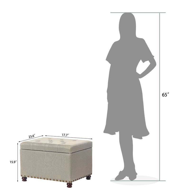 Adeco Storage Ottoman Tufted Linen Wood Bench with Nails