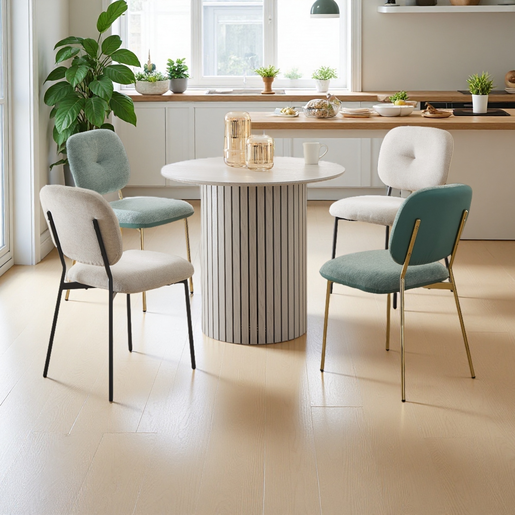 Modern 5-Piece Dining Set, Bamboo & MDF Table with 4 Turquoise & Beige Upholstered Chairs, Metal Legs, Space-Saving Design