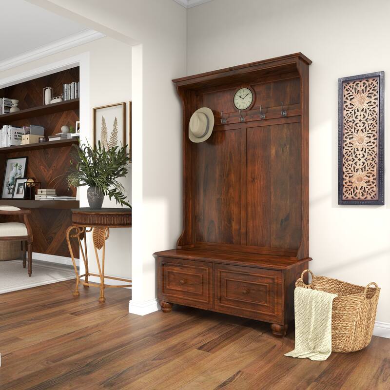 Brown Wood Large Tall Bench Storage 5 Hook and 2 Drawer Freestanding Coat Rack with Cream Clock