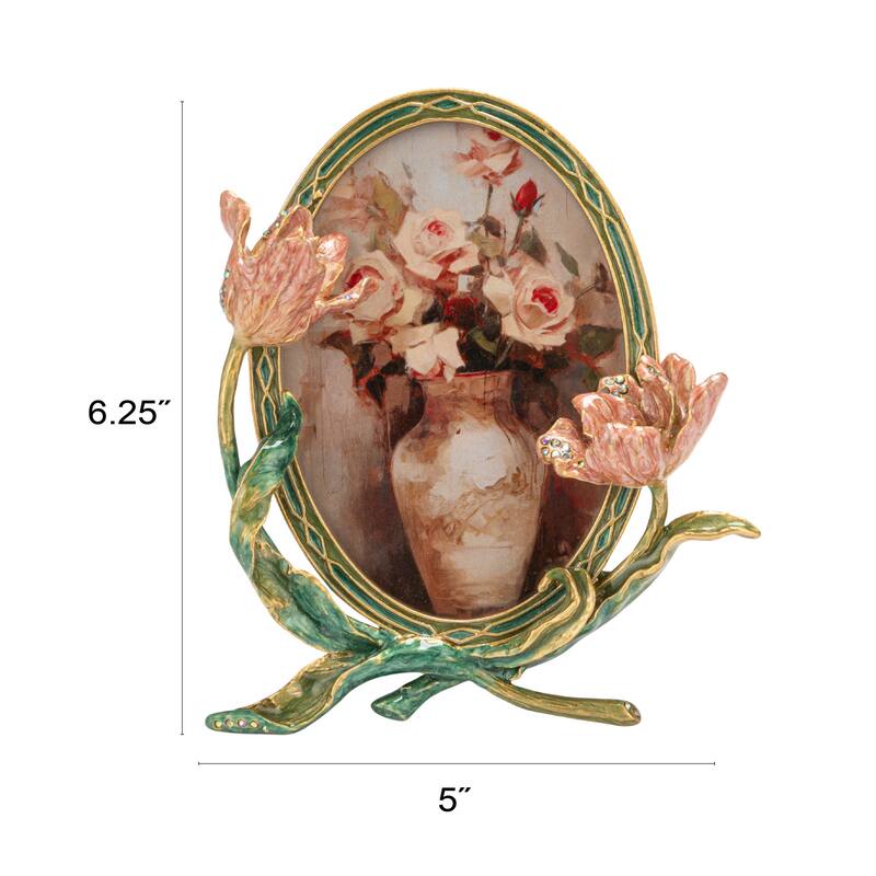 Enameled Metal Photo Frame with 3D Flowers & Jewels