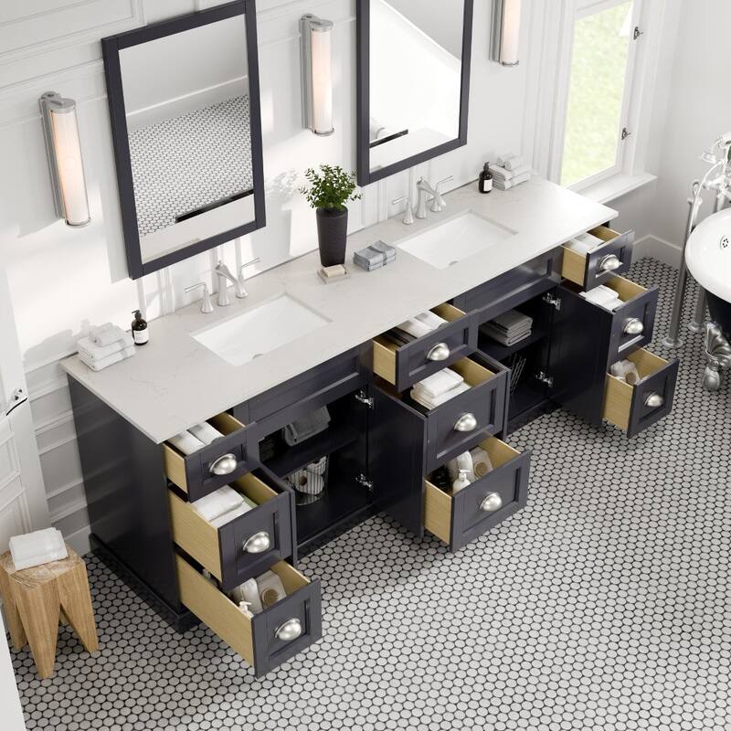 Epic 96 in. DS Bath Vanity with Carrara Quartz Top & Undermount Sinks