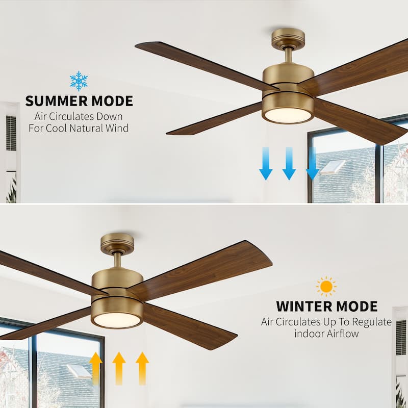 52" Natural Brass Modern Reversible Downrod Mount LED Ceiling Fan with Light and Remote - 52 in. D x 52 in. W x 12.9 in. H