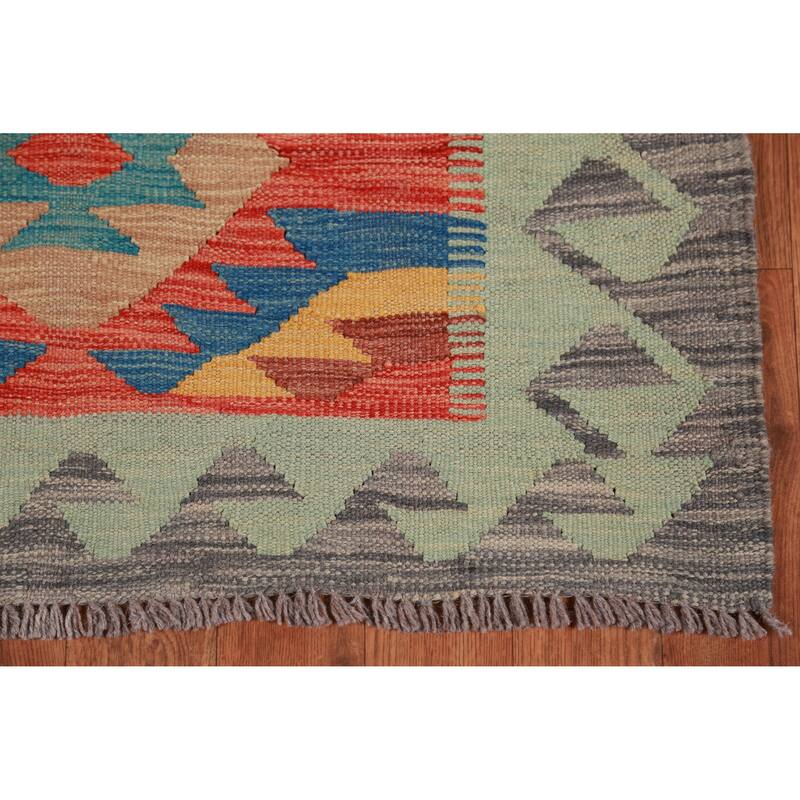 Hand Woven Oriental 100% Wool Carpet Southwestern All-Over Multi-Colored Kilim Runner Rug - 12' 10'' X 2' 7''