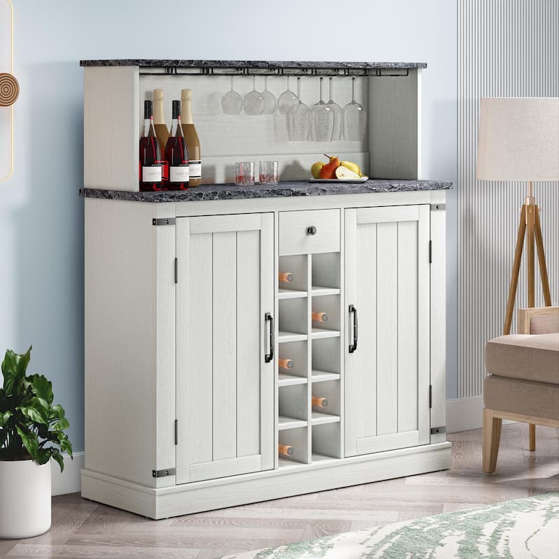 47 in. Wood Buffet Bar Cabinet with Wine Rack with granite pattern countertop