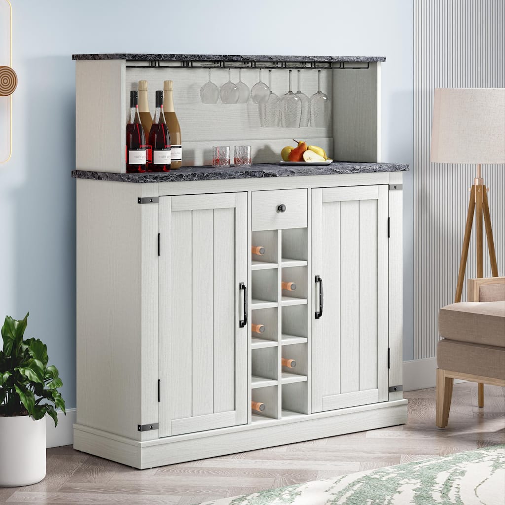 47 in. Wood Buffet Bar Cabinet with Wine Rack with granite pattern countertop