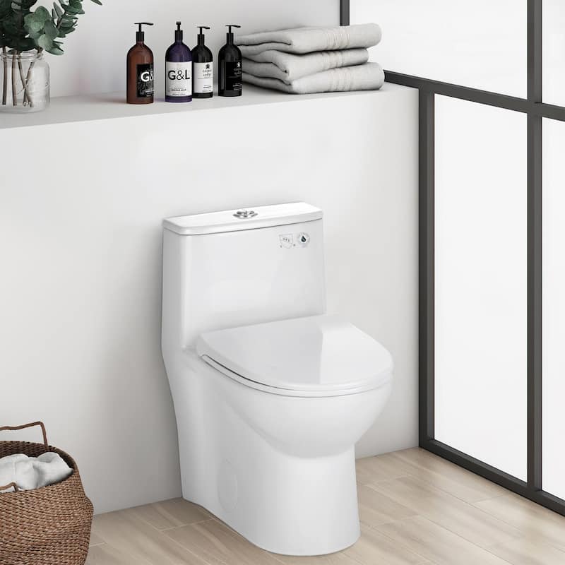 One Piece Toilet Elongated Floor-Discharge Dual Flush Glossy White - White