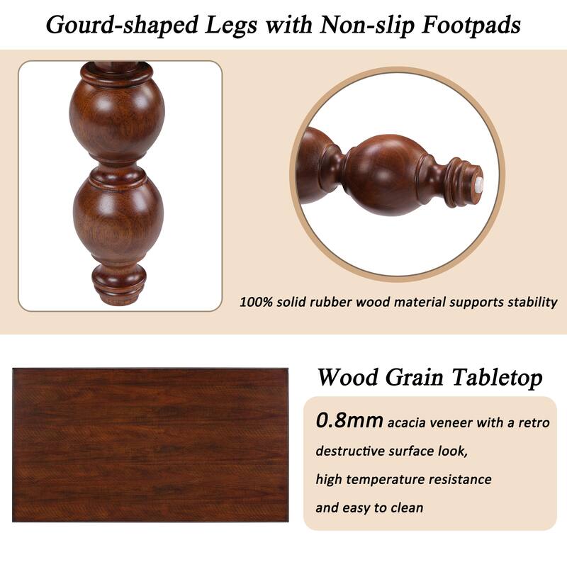 Rectangular Wooden Coffee Table with Storage Drawer, Vintage Cocktail Table with Solid Wood Gourd-Shaped Legs