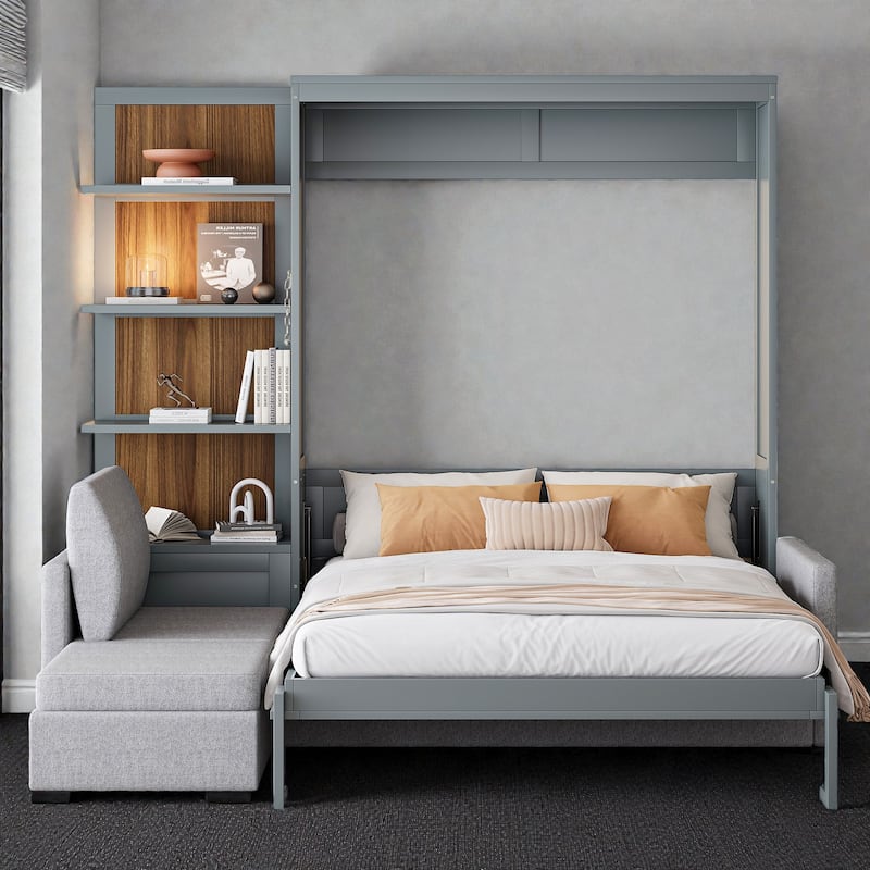 Queen Size Murphy Wall Bed with Sofa and Shelves, Space-Saving Fold Down Bed with Storage, Piston Lift Mechanism - Grey - Queen