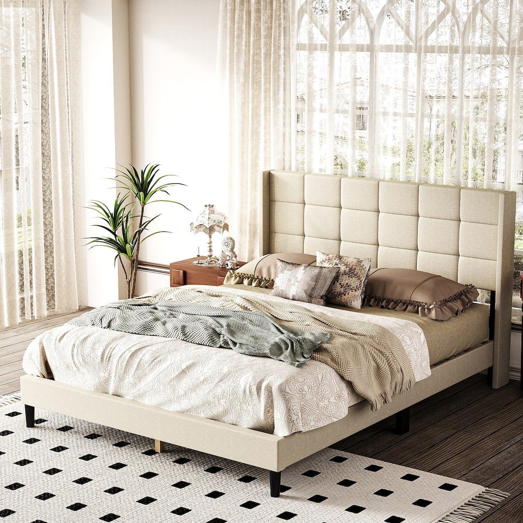 Farmhouse Queen Bed Frame Upholstered Button-Tufted Headboard Beige