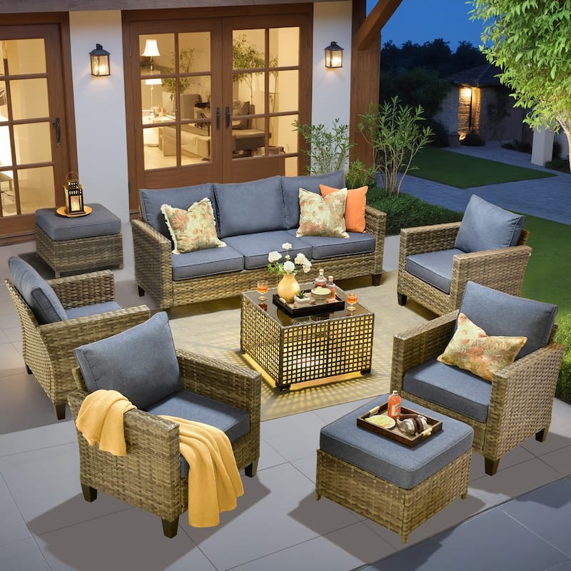 OVIOS 8 Pieces Outdoor Wicker Sectional Set With Solar-Powered CoffeeTable - Denim Blue