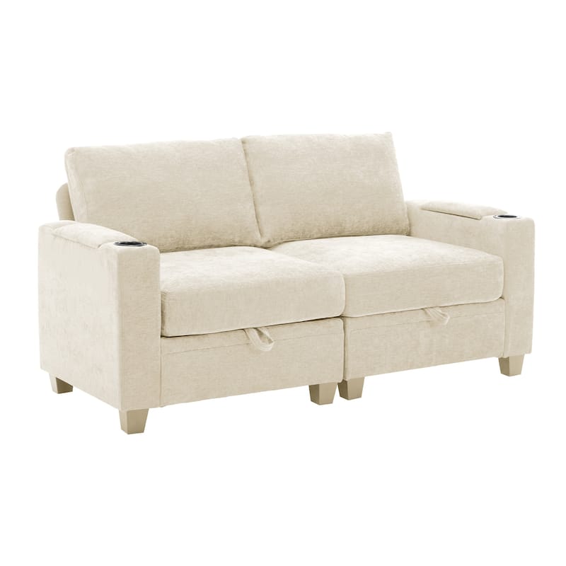 Chenille Sectional Sofa, Hidden Storage & Modular Design - Loveseats - Marzipan White