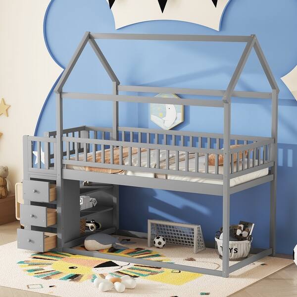 slide 2 of 19, Twin over Twin House Bunk Bed With Shelves And Drawers Grey