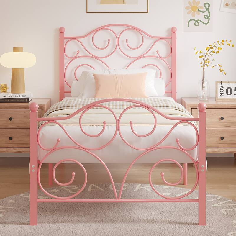 Victorian Style Metal Bed Frames with Headboard,No Box Spring Needed - Pink - Twin