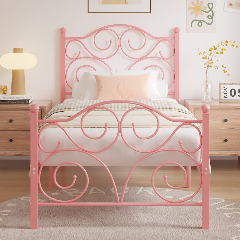 VECELO Twin Size Bed Frame with Headboard and Footboard, Heavy Duty Metal Slat Support - Pink
