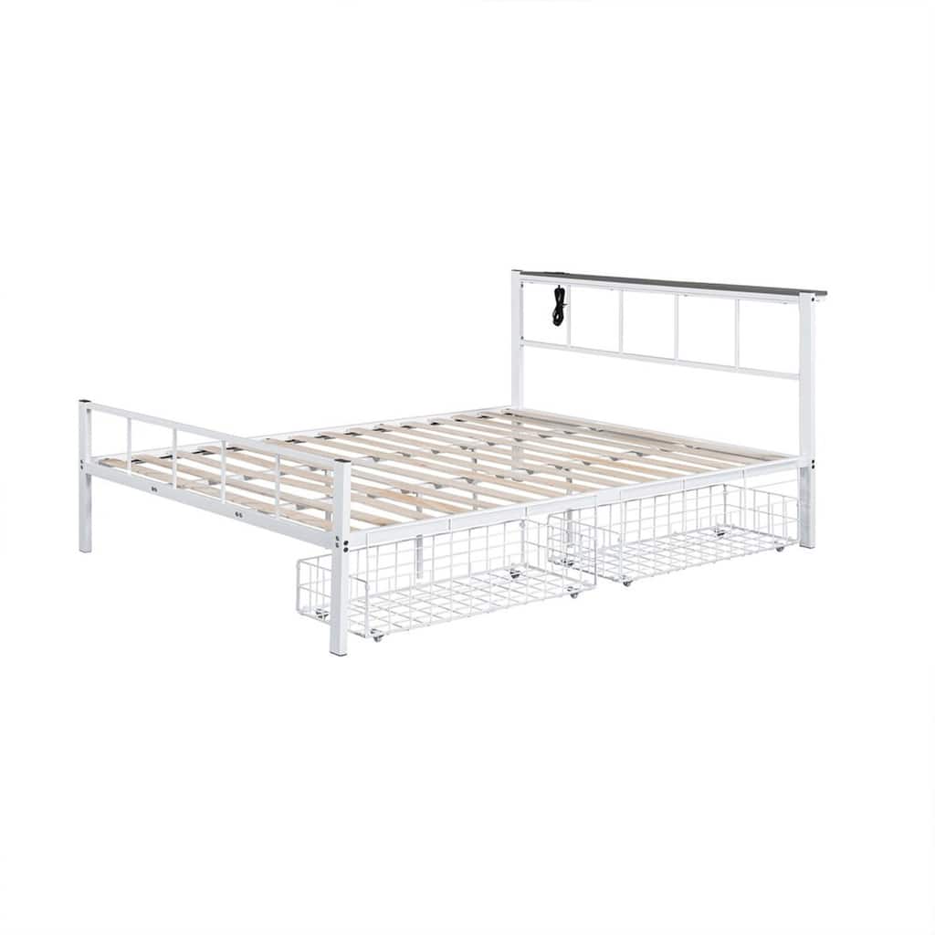 Nix Queen Size Bed w Underbed Storage, Slatted White Metal Headboard