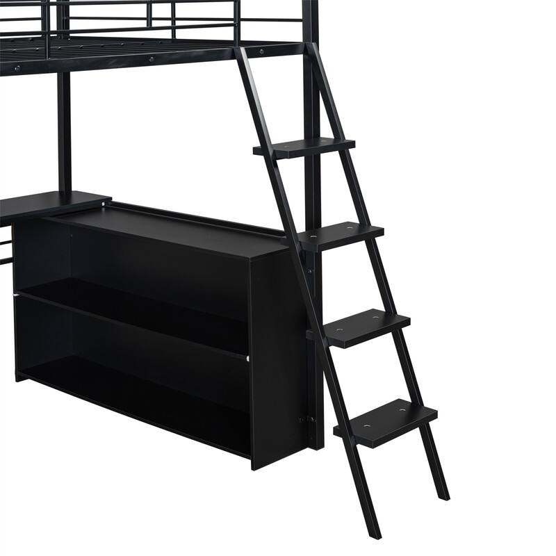 Metal Gaming Loft Bed with LED Light and Bulit-in Desk, Twin/Full Size Loft Bedframe with 4 Storage Shelves and Steps