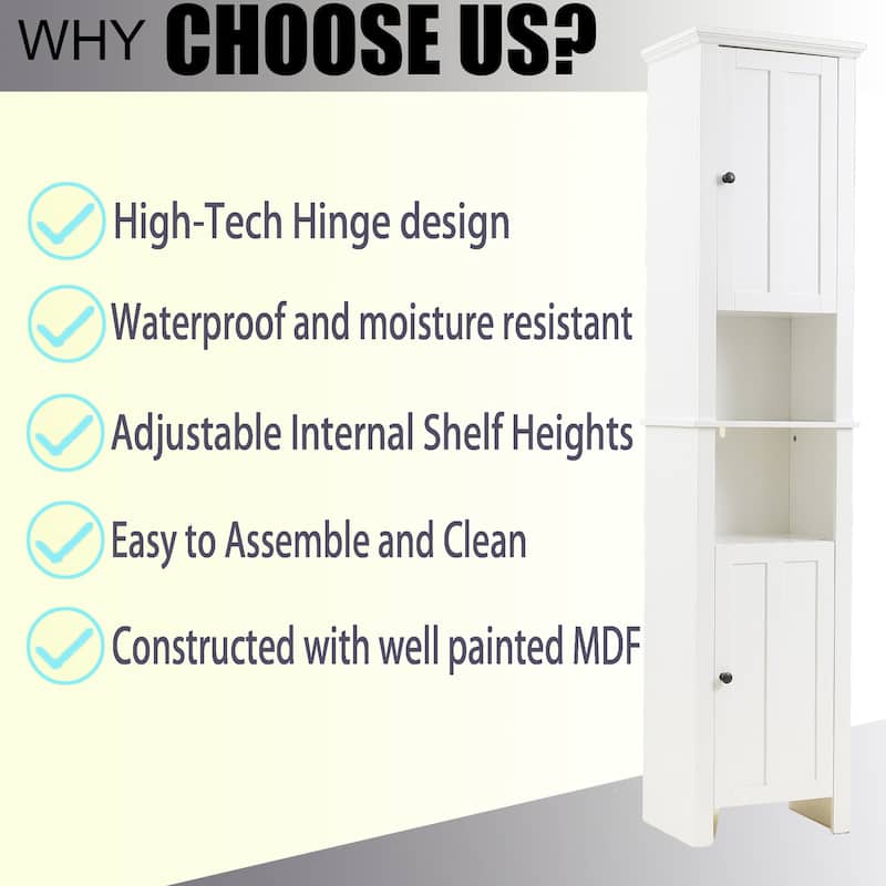 White MDF Wood 67-Inch Tall Tower Bathroom Linen Cabinet