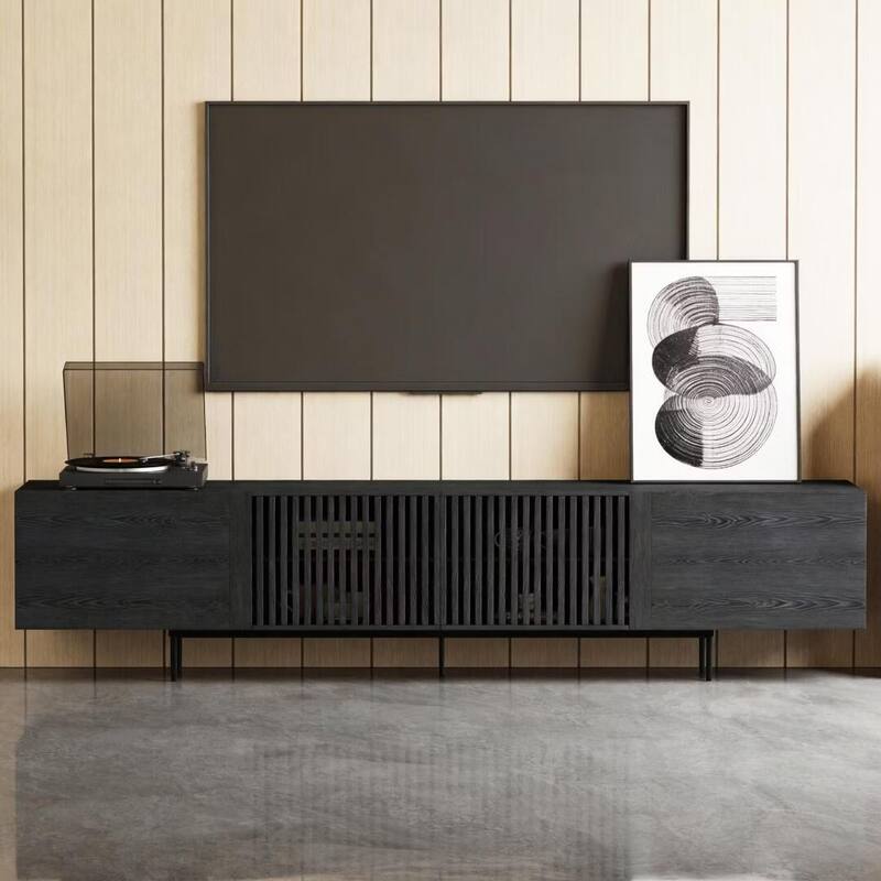 94.48 Inch Extra Long Black TV Stand with Slatted Doors, Modern Entertainment Center for TVs up to 100 Inches,
