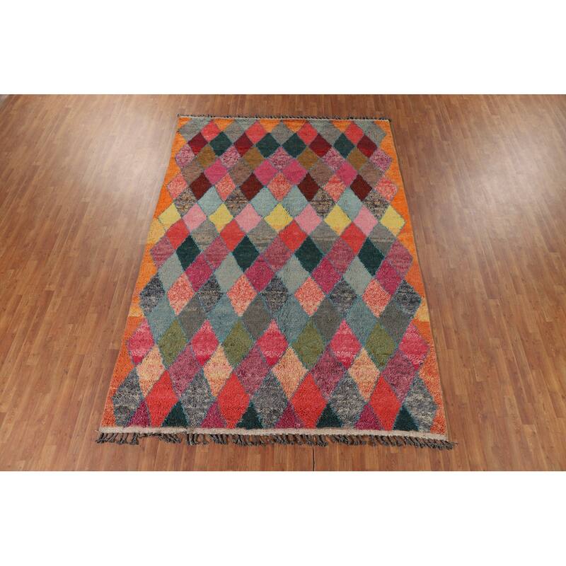 All-Over Trellis Moroccan Area Rug Hand-Knotted Wool Carpet - 7'7" x 11'2"