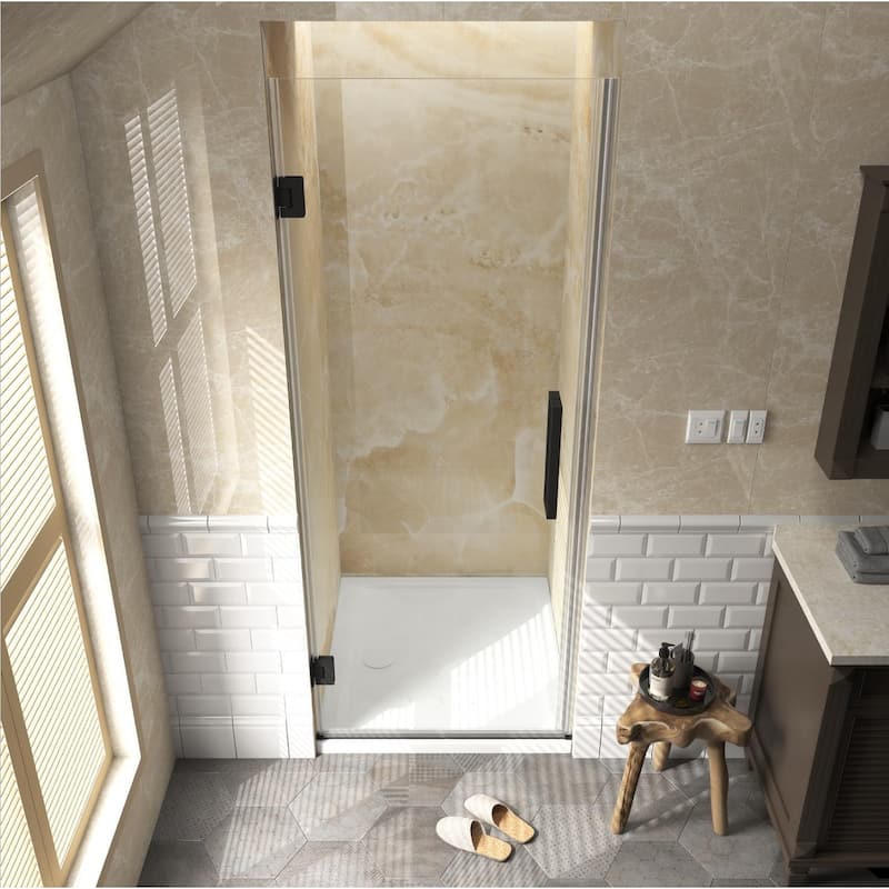 FELYL 29" W x 72" H Hinged Frameless Shower Door with Heat Soaking Process and Protective Coating Clear Glass