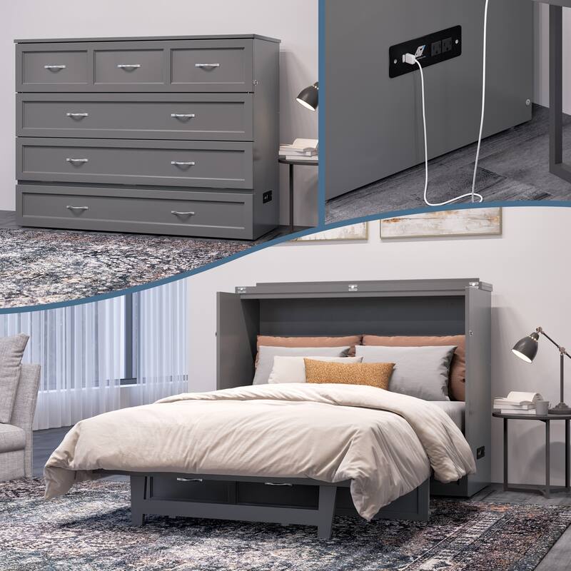 AFI Northfield Murphy Bed Chest with 6" Mattress, Storage Drawer & Built-In Charger - Grey - Full